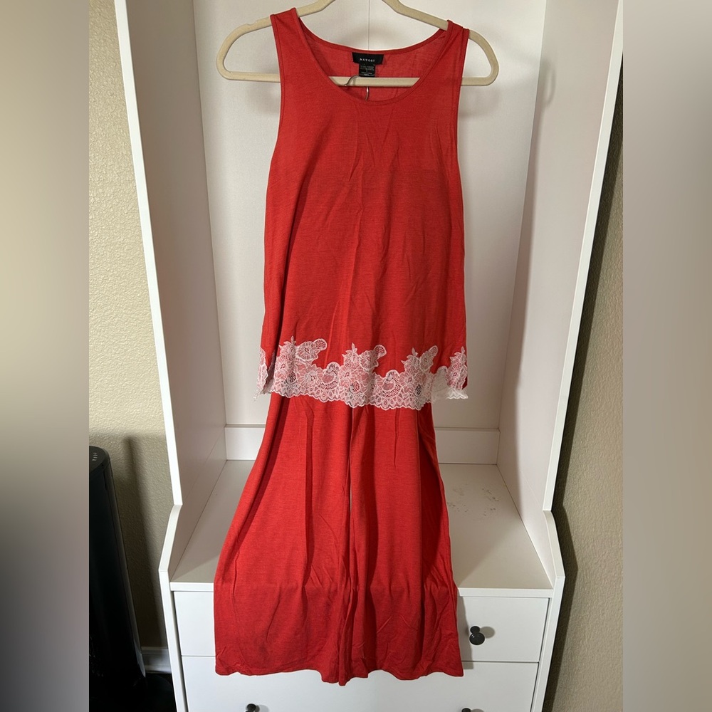 NWT Natori Luxe Shangri La Pajama Set Coral Red Orange Scoop Neck